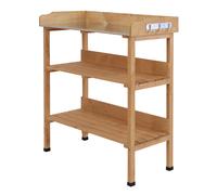 Outsunny Mesa de Jardinería de Madera con Superficie Metálica Estantes y Ganchos para Jardín Terraza 76x37x89 cm Natural