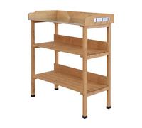 Outsunny mesa de plantación de madera de 3 niveles, mesa de jardinería con placa metálica, 2 estantes y ganchos, resistente a la intemperie, para jardín, terraza, balcón, 76x37x89 cm, natural