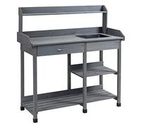 Outsunny Mesa multifuncional para macetas mesa de jardinería con cajón, 3 estantes, fregadero, 3 ganchos - mesa de plantación de madera de abeto pre-engrasada gris