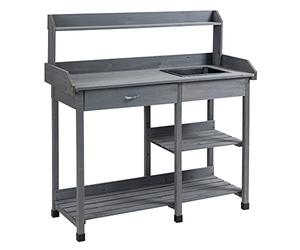 Outsunny Mesa multifuncional para macetas mesa de jardinería con cajón, 3 estantes, fregadero, 3 ganchos - mesa de plantación de madera de abeto pre-engrasada gris