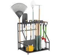 Outsunny organizador de herramientas de jardín, estantería de almacenamiento de 3 niveles para garaje con ganchos, para palas, rastrillos, escobas, soporte de metal