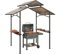 Outsunny Pabellón Parrilla Techo ignífugo 2,5x1,5m Negro+Marrón | Pabellón BBQ, con 2 estantes, PC