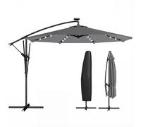 Outsunny Parasol Excéntrico con Luces LED Solares, Ø330 cm, Sombrilla de Jardín con Base Cruzada, Manivela, Funda Protectora y Cuerda de Viento, Anti-UV 50+, para Terraza, Patio, Gris Oscuro