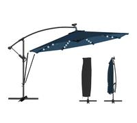 Outsunny parasol excéntrico con luces led solares, ø345 cm, sombrilla de jardín de aluminio con base cruzada, manivela, funda protectora, cuerdas de viento, upf50+, para terraza, patio, azul marino