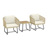 Outsunny Set bistró de ratán 3 piezas set de muebles de jardín FSC con 2 sillones, mesa de lamas de madera, cojines gruesos lavables, estructura de acero
