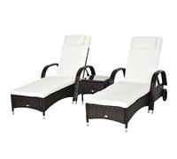 Outsunny Set de 2 Tumbonas Chaise Longue + 1 Mesa de Ratan para Jardín o Terraza Sillas con Cojín y Respaldo Ajustable a 5 Niveles (Marrón) Brown 200x73x103cm