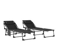 Outsunny Set de 2 Tumbonas Jardín Exterior, Tumbonas Plegables con Reposacabezas y Bolsillo Lateral, Respaldo Reclinable 5 Posiciones y Asiento de Malla Transpirable para Playa, Piscina, Negro