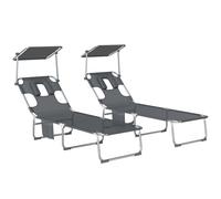 Outsunny Set de 2 Tumbonas Jardín Exterior, Tumbonas Plegables con Reposacabezas, Dosel 360°, Orificio Facial, Bolsillo Lateral, Respaldo Reclinable 5 Posiciones y Textilene 550 g/m² para Playa, Gris