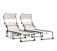 Outsunny Set de 2 Tumbonas Jardín Exterior, Tumbonas Plegables con Reposacabezas, Parasol y Bolsillo Lateral, Respaldo Reclinable 5 Posiciones y Asiento Malla Transpirable para Playa, Piscina, Crema