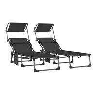 Outsunny Set de 2 Tumbonas Plegables con Reposacabezas Parasol Bolsillo Lateral y Respaldo Reclinable en 5 Posiciones Negro