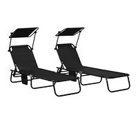 Outsunny Set de 2 tumbonas plegables para jardín con cubierta solar, respaldo ajustable en 5 niveles, negro Aosom España