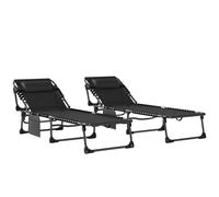 Outsunny Set de 2 Tumbonas Jardín Exterior, Tumbonas Plegables con Reposacabezas y Bolsillo Lateral, Respaldo Reclinable 5 Posiciones y Asiento de Malla Transpirable para Playa, Piscina, Negro