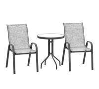 Outsunny Set de bistró 3 piezas con 2 sillas de jardín transpirables apilables y mesa redonda, juego de mesa y sillas de jardín de acero y vidrio, para patio, jardín, gris Aosom España