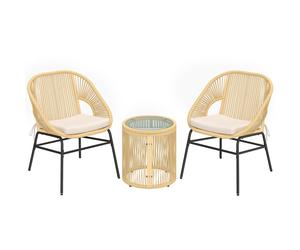Outsunny Set de Bistró de 3 Piezas en Rattán y Acero con 2 Sillas, Mesa Redonda con Sobre de Vidrio Templado, Beige
