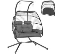 Outsunny Silla Colgante con Estructura Cesta Colgante Plegable con Cojín Polyrattan Columpio Ergonómico para 2 Personas Silla Colgante de Exterior Cargable hasta 260kg Sillón para Balcón Terraza Gris