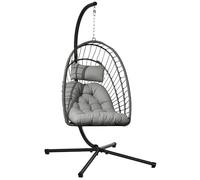 Outsunny Silla colgante de ratán plegable con cojín y reposacabezas, marco acero, 100 kg gris oscuro