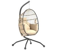 Outsunny Silla Colgante Huevo con Soporte Cesta Plegable 120 kg Caqui | Columpio Jardín Exterior, Cojín y Reposacabezas, Portavaso, Columpio Colgante, para Interior y Exterior