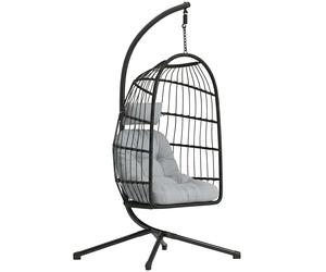 Outsunny Silla Colgante Huevo con Soporte Cesta Plegable Cojín Reposacabezas Altura Ajustable y Cuerda Carga 120 kg Gris Claro Aosom España