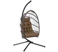 Outsunny Silla Colgante Huevo con Soporte, Cesta Plegable de Ratán Marrón | Columpio Jardín Exterior, Cojín Grueso, Reposacabezas, Altura Ajustable, Cuerda para Interior y Exterior