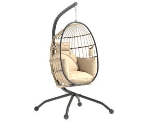 Outsunny Silla Colgante Huevo con Soporte Cesta Plegable para Interior y Exterior Cojín y Reposacabezas Carga 120 kg Caqui Aosom España