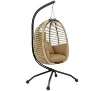 Outsunny Silla Colgante Huevo con Soporte Columpio de Jardín Exterior con Cesta Plegable Reposacabezas Cojín Bolsillo Lateral Columpio Colgante para Interior y Exterior Carga 120 kg Beige