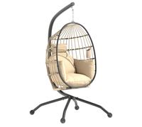 Outsunny Silla Colgante Huevo con Soporte Columpio Jardín Exterior con Cesta Plegable Cojín y Reposacabezas Portavaso Columpio Colgante para Interior y Exterior Carga 120 kg Caqui Khaki 120x88x192cm