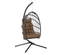 Outsunny Silla Colgante Huevo con Soporte, Columpio Jardín Exterior con Cesta Plegable de Ratán, Cojín Grueso, Reposacabezas, Altura Ajustable, Cuerda para Interior y Exterior, Marrón
