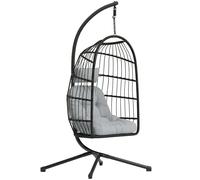 Outsunny Silla Colgante Huevo con Soporte, Columpio Jardín Exterior con Cesta Plegable de Ratán, Cojín Grueso, Reposacabezas, Altura Ajustable, Estructura Metálica para Interior y Exterior, Gris Claro