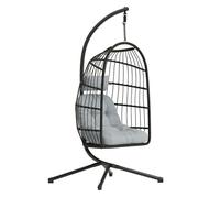 Outsunny Silla Colgante Huevo con Soporte, Columpio Jardín Exterior con Cesta Plegable de Ratán, Cojín Grueso, Reposacabezas, Altura Ajustable, Estructura Metálica para Interior y Exterior, Gris Claro