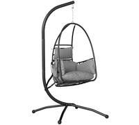 Outsunny Silla Colgante Huevo con Soporte, Columpio de Jardín Exterior con Cesta Plegable, Reposacabezas, Cojín, Bolsillo Lateral, Columpio Colgante para Interior y Exterior, Carga 120 kg, Gris Oscuro