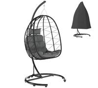 Outsunny Silla Colgante Silla Colgante de ratán 195 cm de Altura Cesta Columpio Interior Exterior In rmazón, Cojines, Funda Impermeable, para terraza, jardín hasta 150 kg, Gris Oscuro