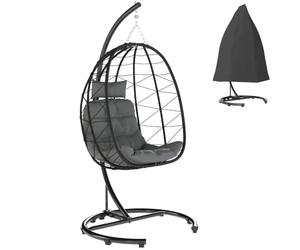 Outsunny Silla Colgante Silla Colgante de ratán 195 cm de Altura Cesta Columpio Interior Exterior In rmazón, Cojines, Funda Impermeable, para terraza, jardín hasta 150 kg, Gris Oscuro