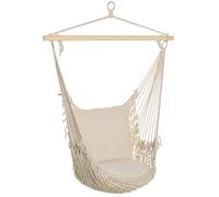 Outsunny Silla Colgante Silla Hamaca Columpio con 2 Cojines de Algodón Barra de Madera Carga 120 kg Silla Columpio para Interior y Exterior Crema Cream 120 x 90 cm