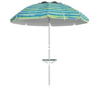 Outsunny Sombrilla de Playa Ø190x215 cm Parasol para Terraza con Reclinación 45° Altura Ajustable Mesa con Portavasos Anti-UV Impermeable y Bolsa de Transporte para Jardín Piscina Multicolor