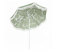 Outsunny sombrilla de playa con flecos ø180 cm, sombrilla de terraza exterior con altura ajustable, inclinación, anclaje arena y bolsa de transporte, upf30+, estampado de hojas, verde 206 cm