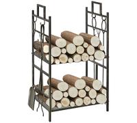 Outsunny Soporte para Leña de Metal con 4 Herramientas y Asas para Interior y Exterior 51,5x33x77 cm Negro Dorado Aosom España