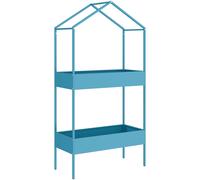 Outsunny Soporte para macetas de 2 niveles en metal con forma de casita y gancho, 75x35x150 cm, Azul Verde Aosom España