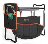Outsunny Taburete de Jardín Plegable con Almohadilla de Espuma EVA, Asiento de Jardín Portátil con Bolsa para Herramientas en Cintura, Carga 150 kg, Regalo para Jardineros, Ancianos, Negro