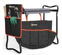 Outsunny Taburete de Jardín Plegable con Almohadilla de Espuma EVA, Asiento de Jardín Portátil con Bolsa para Herramientas en Cintura, Carga 150 kg, Regalo para Jardineros, Ancianos, Negro