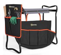 Outsunny Taburete de Jardín Plegable con Almohadilla de Espuma EVA, Asiento de Jardín Portátil con Bolsa para Herramientas en Cintura, Carga 150 kg, Regalo para Jardineros, Ancianos, Negro