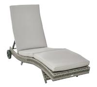 Outsunny Tumbona de Ratán Reclinable Tumbona de Jardín en Forma de S con 2 Ruedas Respaldo Ajustable en 5 Posiciones y Cojín Extraíble para Patio Terraza 207x70x70 cm Gris Claro