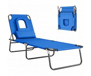 Outsunny Tumbona Plegable con Respaldo Regulable 190x56x28 cm Azul | 4 Posiciones, Tumbona de Jardín, Orificio de Lectura, Almohada, Marco Metálico, Tela Oxford, para Playa, Carga 120 kg