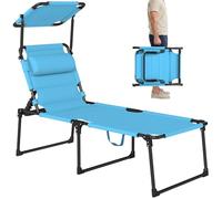 Outsunny Tumbona Plegable, Tumbona Jardín Exterior con Toldo Ajustable, Respaldo Regulable en 4 Niveles, Reposacabezas, Cojín Grueso, para Terraza, Piscina, 70x200x45 cm, Azul Claro