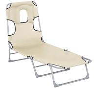 Outsunny Tumbona Reclinable y Plegable con Orificio de Lectura Reposacabezas y Respaldo Ajustable en 5 Niveles 182x56x24,5 cm Beige Aosom España