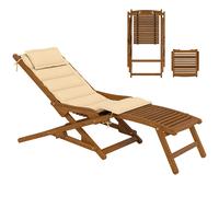 Outsunny Tumbona Silla Plegable de Madera con Reposapiés Desmontable y Cojín Beige