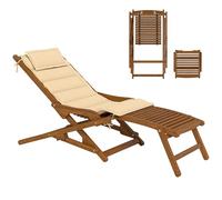 Outsunny Tumbona Silla Plegable de Madera con Reposapiés Desmontable y Cojín Beige