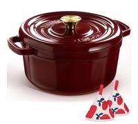 Overmont Horno holandés de hierro fundido esmaltado, olla de 5 cuartos con tapa, libro de cocina y agarraderas de algodón, utensilios de cocina resistentes para estofar, guisos, asar, hornear pan,