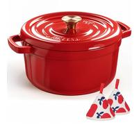 Overmont Horno holandés de hierro fundido esmaltado, olla de 5 cuartos con tapa, libro de cocina y agarraderas de algodón, utensilios de cocina resistentes para estofar, guisos, asar, hornear pan,Rojo