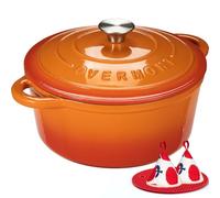 Overmont Olla de Hierro Fundido - Antiadherente Cacerola Holandesa de Esmaltado con Tapa - Ø24 CM Redonda Cacerola Holandesa para Cocinas de Inducción - Naranja