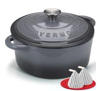 Overmont Olla de Hierro Fundido - Antiadherente Cacerola Holandesa de Esmaltado con Tapa - Ø24 CM Redonda Cacerola Holandesa para Cocinas de Inducción - Gris